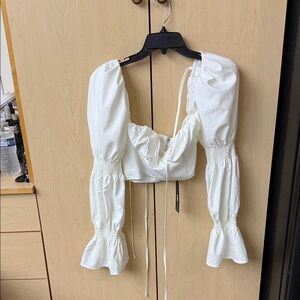 Fashion Nova White Puff-Sleeve Tie-Front Crop Top